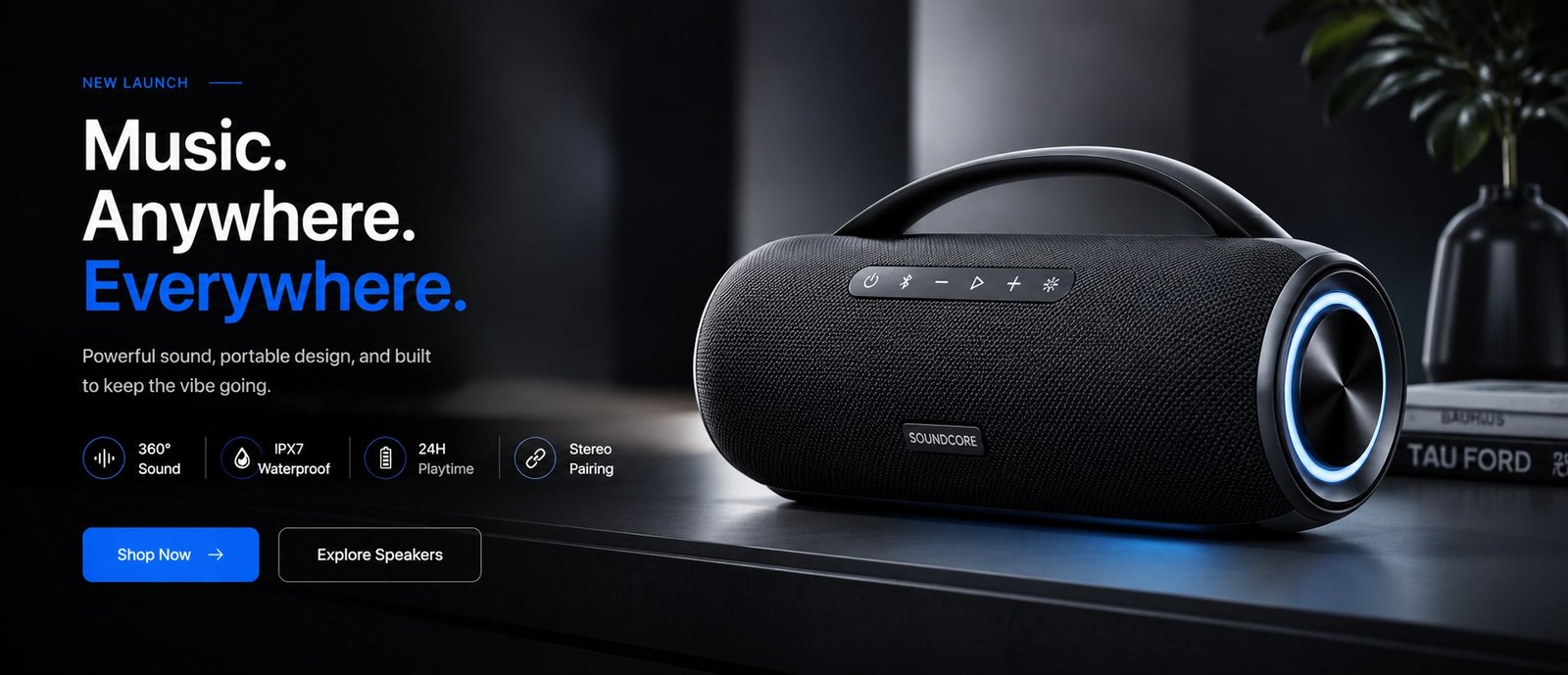 Portable speaker displayed in a premium electronics hero scene.